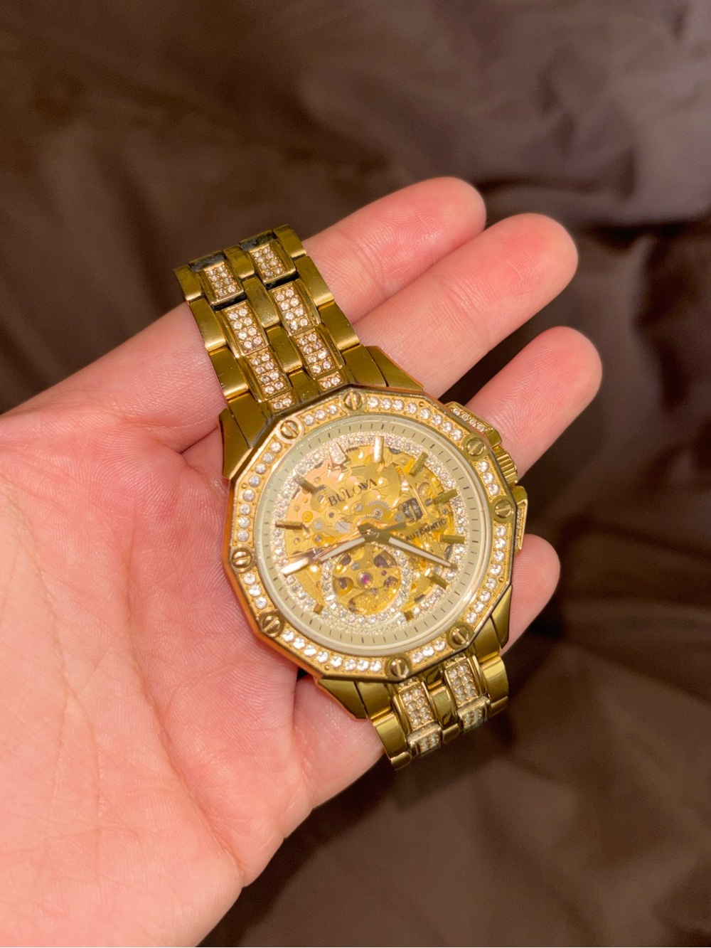 Bulova Gold Skeleton Dial Watch with Crystal Links